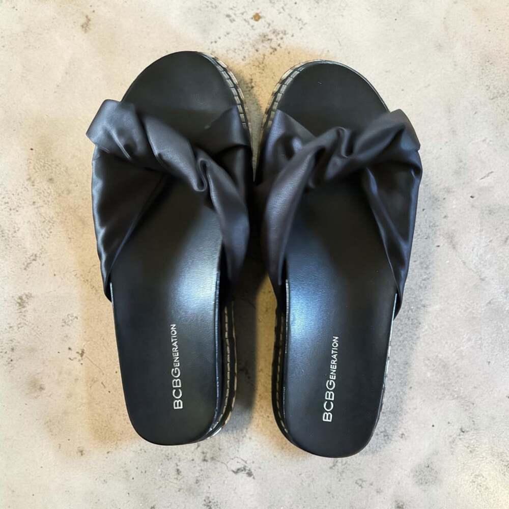 BCBGeneration Essina Slide Sandals Black Satin Knot Platform